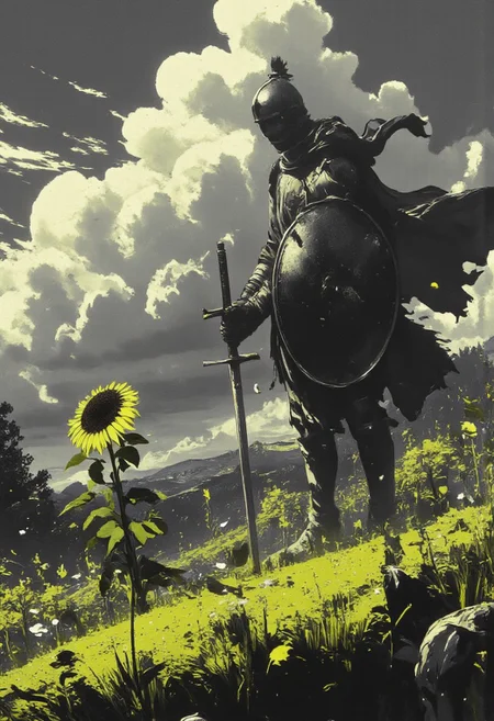 lndscpx, a monochromatic Landscape scenery, high resolution and very detailed moody anime image with a moody sunset behind billowing clouds, in the foreground a worn heavy armored Knight standing in daylight, Holding a Large shield, sunlit, a large Neon 3d sunflower is growing amidst a Green flower meadow, DB4RZ style painting, aidmamj6.1, neon-mist, lndscpx, billowing torn cape, blue and yellow Grey color graded,