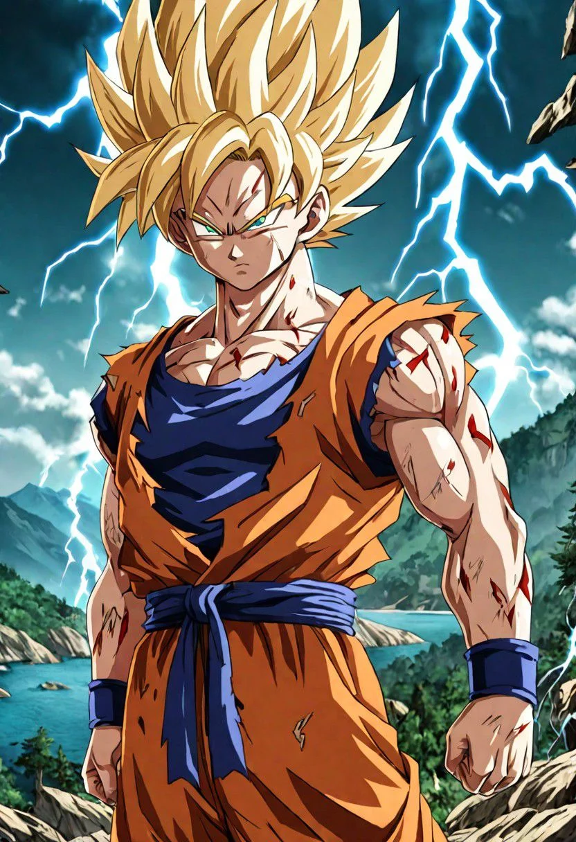 Portrait close( Son Goku Sayan Namek, Clothes 75% Broken,Serious:1.0), green eyes, Yellow hair, amazing background montains, forest, sea, nature, 8k detailed face, Lightning bolts,Preparing