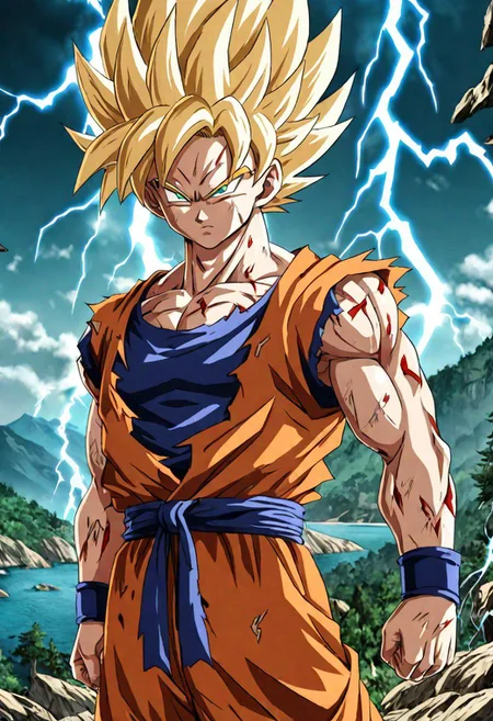 Portrait close( Son Goku Sayan Namek, Clothes 75% Broken,Serious:1.0), green eyes, Yellow hair, amazing background montains, forest, sea, nature, 8k detailed face, Lightning bolts,Preparing