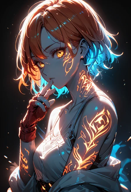 <lora:Style\glowneon_xl_v1:1.0> <lora:SelectiveColoringStyle:0.15> <lora:Concept\g1owingtatt00:1.0>, score_9,score_8_up,score_7_up,score_6_up,score_5_up, 1girl, orange hair, blue inner hair, golden eyes, red fingerless gloves, (black background, monochrome, spot color, selective coloring, grayscale skin), glowing tattoo, (luminous), glowneon