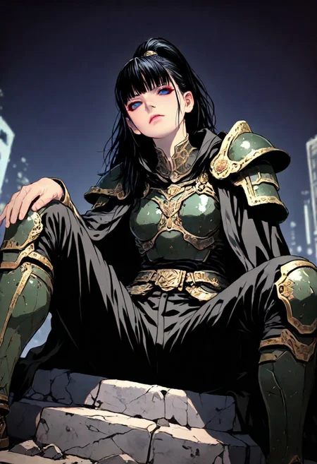 m4gicall1nes, hassaku_illu,sinozick_illu,in the style of cksc,, masterpiece, depth of field, best quality, amazing quality, very aesthetic,very awa,
1girl, solo, sexy, cute, nordic facial features, 20 years old,
heavy armor, metal armor, engraved armor, black hair, long hair, high ponytail, wind effect in hair, dark green armor, dark grey armor, archaic armor design, massive armor, look at viewer, bright blue eyes, glowign eyes, athletic, thicc,
black uniform over shoulders, military coat design, strict coat,
sits on the broken fundament,leans back against brick wall, spread legs, manly pose, leans on knees, broken sword in the ground,
hi-tech with fantasy, futurism in magic world, cyberpunk style with warhammer influence,
dutch angle, epic angle shot, wallpaper, from below, from side,
simple background, dark background, ruined cityscape, fantasy background,
(detailed outfit:1.4), (seamless:1.3),
dark fantasy, dark dramatic palette, dim lit, contrast lit, shade, dappled moonlight,
<lora:ck-shadow-circuit-IL:0.6> <lora:illustriousXLv01_stabilizer_v1.121:0.3> <lora:iLLMythM4gicalL1nes:0.35> <lora:HassaKu_style:0.4> <lora:Sinozick_style:0.15>