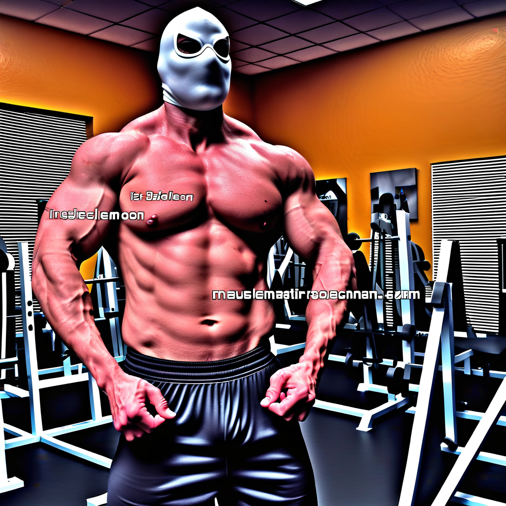 A highly realistic muscular man flexing in a gym setting, wearing a mask.