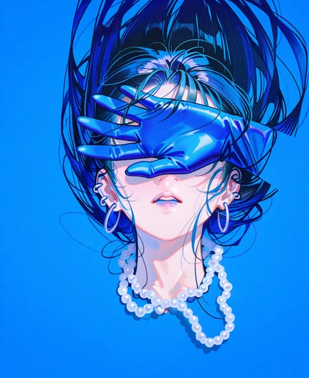 <lora:johnC:1>,
(masterpiece), (best quality), (ultra-detailed), amazing quality, very aesthetic, illustration, perfect composition, intricate details, absurdres, incredibly absurdres, shiny skin, realistic,
 john, blending, blue theme, jewelry, solo, 1girl, earrings, long hair, parted lips, necklace, simple background, blue background, blue lips, hoop earrings, black , blue gloves, gloves, bead necklace, blue hair, piercing, limited palette, portrait, ear piercing, , black hair, pearl necklace, blue tongue, beads, covering own eyes, floating hair, general