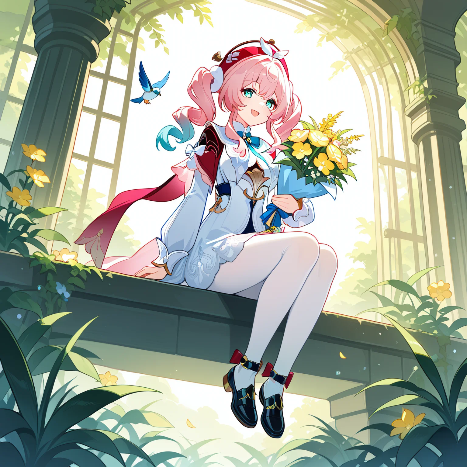 hyacine (honkai: star rail), 1girl, flower, pink hair, sitting, white pantyhose, holding, black footwear, pantyhose, dress, open mouth, solo, long sleeves, hat, smile, bouquet, holding bouquet, shoes, twintails, red headwear, long hair, white dress, yellow flower, bird, full body, outdoors, bow, plant, blue eyes, sidelocks, multicolored hair, on head, masterpiece, best quality, amazing quality, very aesthetic, absurdres, newest, (scenery, volumetric lighting)