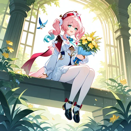 hyacine (honkai: star rail), 1girl, flower, pink hair, sitting, white pantyhose, holding, black footwear, pantyhose, dress, open mouth, solo, long sleeves, hat, smile, bouquet, holding bouquet, shoes, twintails, red headwear, long hair, white dress, yellow flower, bird, full body, outdoors, bow, plant, blue eyes, sidelocks, multicolored hair, on head, masterpiece, best quality, amazing quality, very aesthetic, absurdres, newest, (scenery, volumetric lighting)