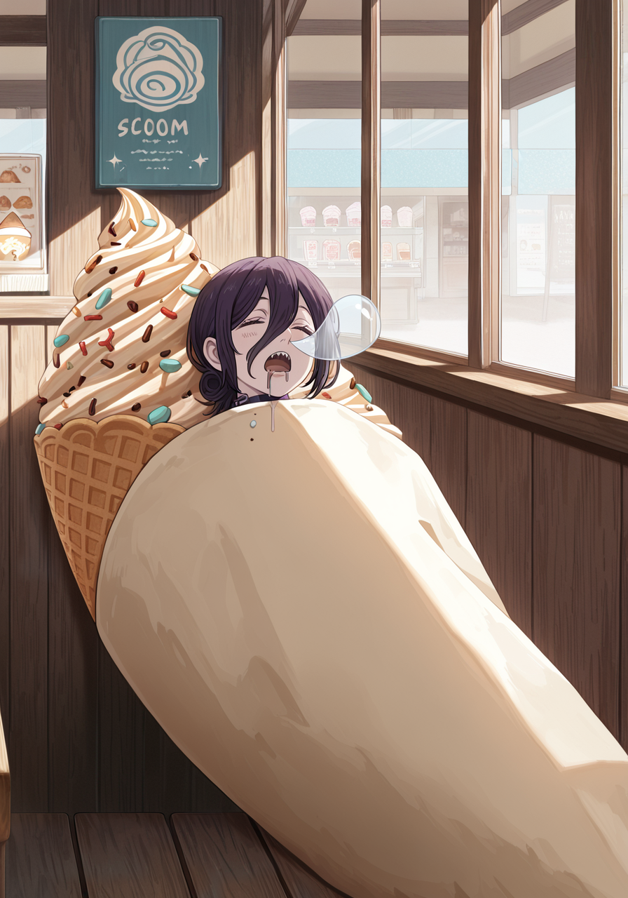 embedding:IllusP0s, nose bubble, sleeping, drooling, 1girl, reze_\(chainsaw_man\), hugging giant icecream cone, indoors, icecream shop, 1girl, solo, sprinkles, creamy icecream swirl, hugging, slouched, booth,<lora:nose_bubble_ill.safetensors:1.0:1.0>