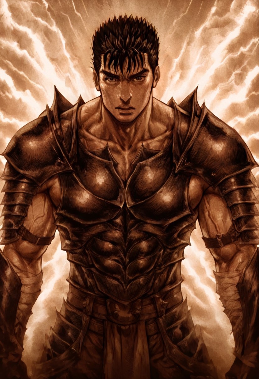 masterpiece, best quality, newest, absurdres, highres, D3CSPS-V1.0, brown theme, sepia, monochrome, 
1boy, guts /(berserk/), black hair, spiky hair, armor, muscular, muscular male,