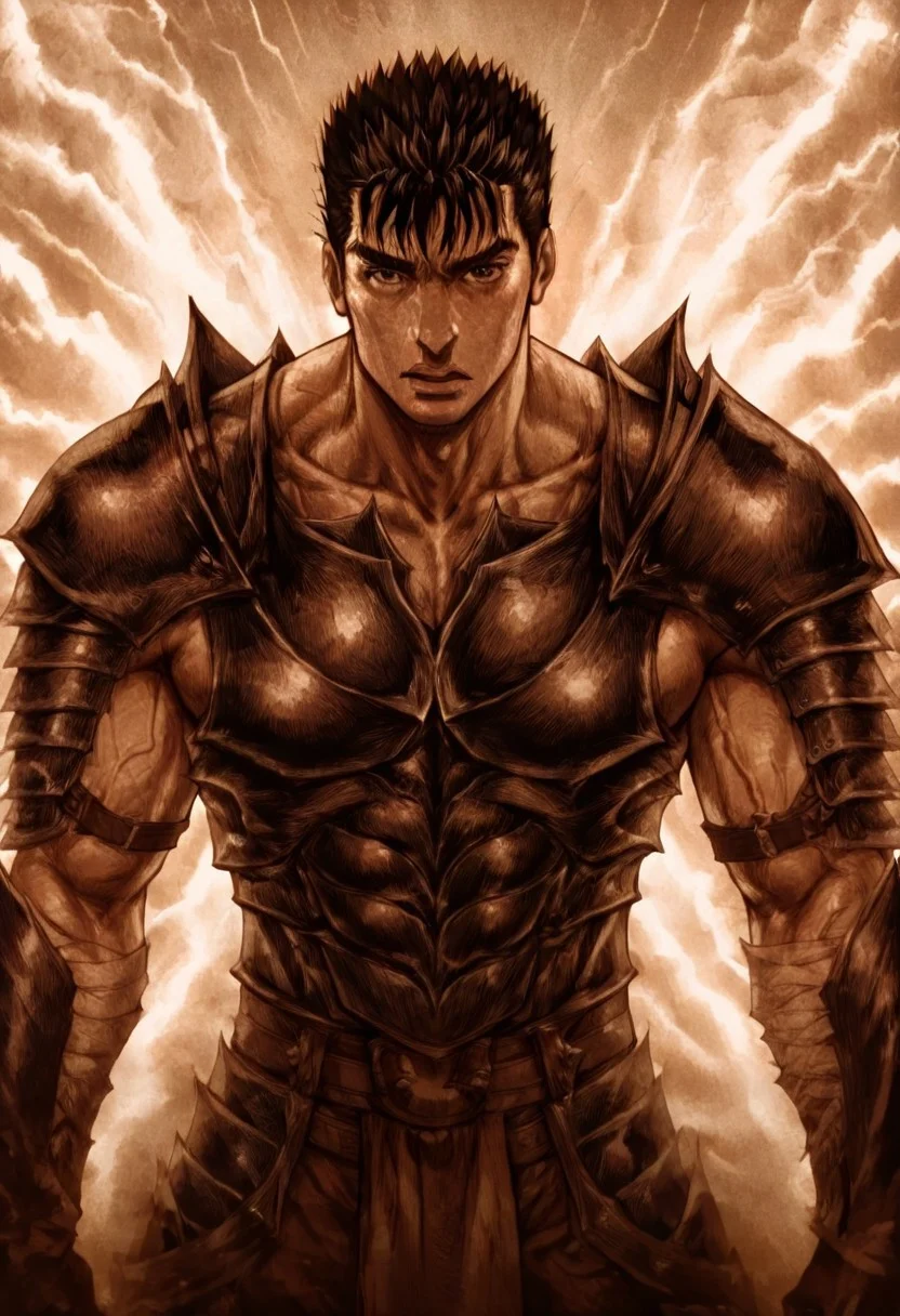 masterpiece, best quality, newest, absurdres, highres, D3CSPS-V1.0, brown theme, sepia, monochrome,
1boy, guts /(berserk/), black hair, spiky hair, armor, muscular, muscular male,