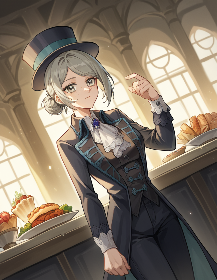 score_9, score_8_up, score_7_up, source_anime, <lora:reverse1999-vertin-ponyxl-lora-nochekaiser:1>,, vertin, freckles, grey eyes, grey hair, hair bun, short hair, medium breasts,, hat, suit, top hat, long sleeves, pants, black pants, ascot, gemstone,, restaurant, laughter, good food, warm lighting, celebration, , , arm in a sling, solo,, cowboy shot, dutch angle