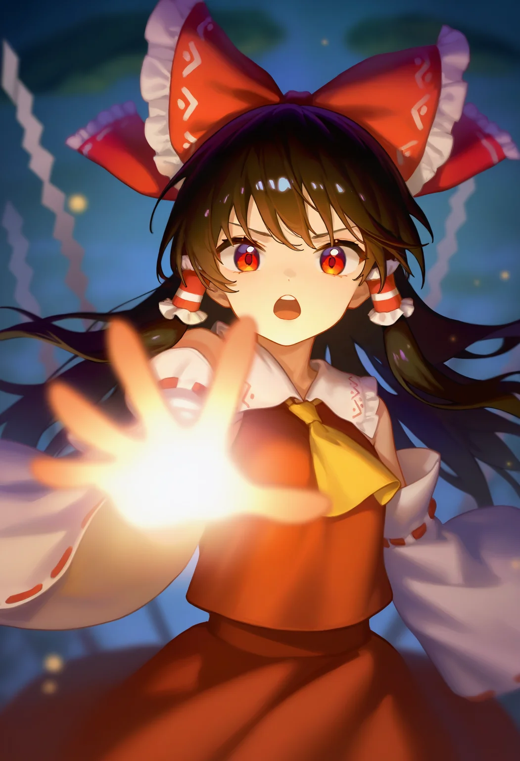 masterpiece, best quality, good quality,
ask \\(askzy\\), (ciloranko:0.7), (sho \\(sho lwlw\\):0.9), (tianliang duohe fangdongye, as109:0.75),
hakurei reimu, 1girl, bare shoulders, black hair, blurry, blurry foreground, bow, depth of field, detached sleeves, dress, foreshortening, glowing, hair bow, holding, long hair, looking at viewer, open mouth, red bow, red dress, red eyes, serious, sleeveless, sleeveless dress, solo, upper body, white sleeves
<lora:illustrious_styles_v3_vpred:1>