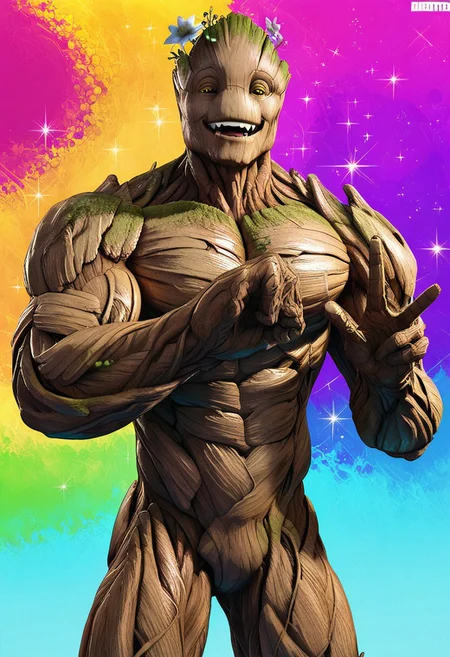 score_9, score_8_up, score_7_up, male, solo, groot1, tall, flora fauna, made of wood, muscular, alien, noseless, amber eyes, smile, half-closed eyes, eyelids, masculine, looking at viewer, feline tail, gold eyes, fangs, smile, flirty, open smile, tongue out, wide eyed, happy, expressive, standing, raised arms, leaning forwards, huge muscles, null, flower, sparkle, cocked hip, pecs, looking at viewer, handsome, starry sky, perfect hands, sexy pose, raised hands, v, double v, hip focus, cocked hip, (realistic, 3d:1.2), shading, psychedelic background, knock-kneed, rainbow colors, masterpiece, extreme detail, by sssonic2, by dagasi, by dandi, by silverfox5212, zPDXL3, zPDXLrl, zPDXLpg