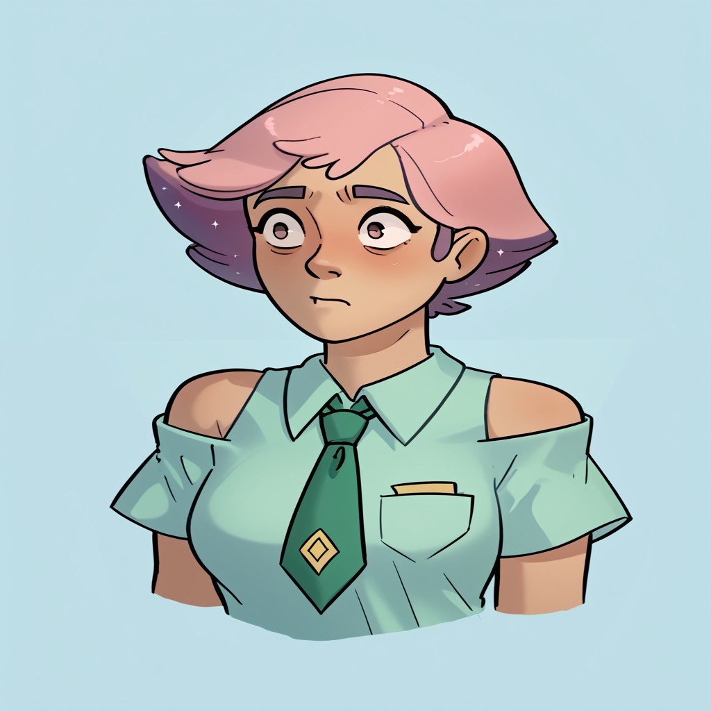 score_9, score_8_up, score_7_up, relatedguy, bust shot, solo, bare shoulders, CHGlimmer, simple background, one colour background, light blue background, Guilty, Downcast eyes, slumped shoulders, and a slightly ashamed expression, School Uniform, Green Tie, Green Collar Shirt, Skirt, Pleated Skirt, Short Sleeves, Long Socks,