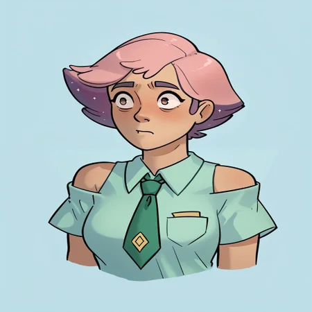 score_9, score_8_up, score_7_up, relatedguy, bust shot, solo, bare shoulders, CHGlimmer, simple background, one colour background, light blue background, Guilty, Downcast eyes, slumped shoulders, and a slightly ashamed expression, School Uniform, Green Tie, Green Collar Shirt, Skirt, Pleated Skirt, Short Sleeves, Long Socks,