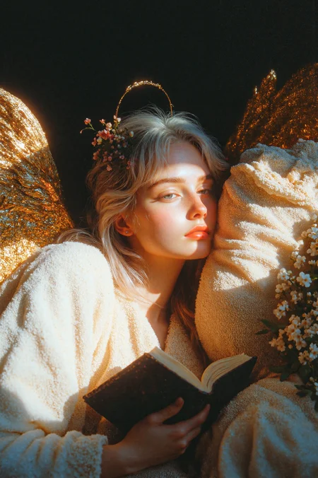 <lora:aidmaMJ6.1:0.8>,<lora:flux_realism_lora:0.2>,<lora:FLUX-Vintage_Abstract_Film:0.8>,An elegant angel with flowing white robes and a soft halo above her head,lying on her side with golden wings resting gently behind her. In her hands,she cradles a bouquet of delicate flowers and an ancient book,symbolizing knowledge and beauty. The angelâs hair is silver,cascading down her shoulders,and her expression is peaceful and contemplative. Behind her,faint heavenly light streams down,casting soft shadows across the scene. The dark background contrasts with the glowing light of the angel,highlighting her grace and the serene atmosphere of the composition,all painted in the style of a classical oil painting.,