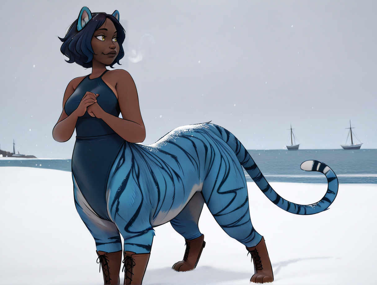 high quality, best quality, masterpiece, highres, very aesthetic, absurdres, <lora:NSFWFilter_illusXL_Incrs_v1:-.5>, upper body, depth of field, 
female, animal genitals, taur, <lora:Ebony_Girls-1:1>, Ebony_girl, dark-skinned female, very dark skin, blue tiger, yellow eyes, dark blue fur, <lora:Mega_Fluffy_for_Illustrious V2:.6>, megafluffy, tail, alternate costume, cross-laced footwear
, outside, horizon, a ship in the background, at the ocean, snowing, winter, <lora:jmoz_IL:.9>, <lora:Koikatsu_Illustrious_Final-Merge:1> KoikatsuStyle, Koikatsu \(medium\), 3D