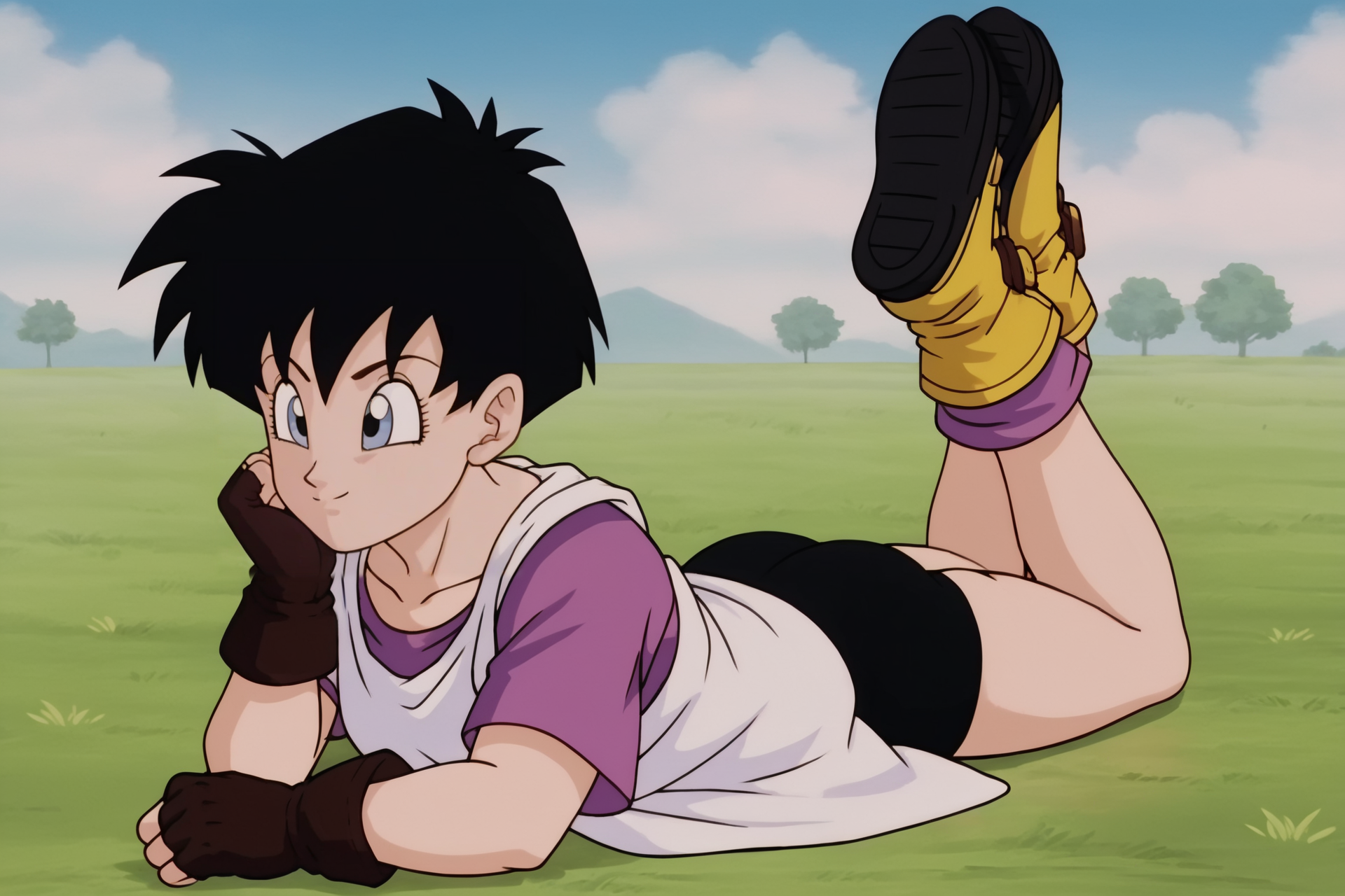 source_anime, score_9, score_8_up, score_7_up, anime screencap,8k, absurd res,
videl, 1girl, solo, smile, short hair, blue eyes, grass, black hair, gloves, full body, ass, boots, shoe soles, lying, fingerless gloves, blue sky, on stomach, bike shorts, brown gloves, legs up, head rest, hand under chin, hand on floor, white dress, badge, symbol, text print, two tone footwear, yellow footwear, sleeveless dress, undershirt, purple legwear, purple shirt, loose socks, spiked hair, looking to the side, from side, dress over shirt
 <lora:videlSatan_pony_v1:0.8>