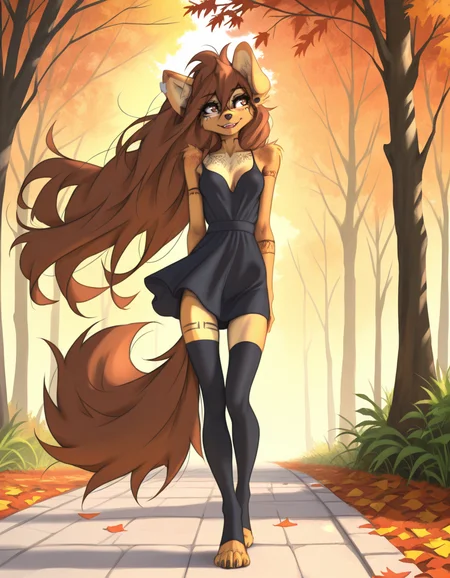 masterpiece, best quality, very aesthetic, absurdres,
outdoors, autumn, wind, windy, looking away,
full body, seductive smile, parted lips, long eyelashes,
<lora:Apogee_v01_ILXL:1> Apogee,1girl,solo,furry,animal ears,furry female,brown hair,long hair,brown eyes,tail,body fur,animal nose,brown fur,earrings,jewelry,very long hair,bangs,snout,small breasts,dog ears,piercing,dog girl,dog tail,freckles,tattoo,full body,open mouth,fangs,teeth,short dress,thighhighs,long eyelashes,