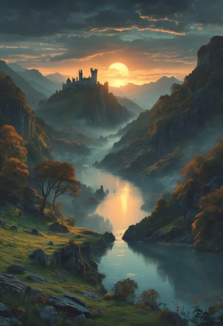 A captivating night scene illustration featuring a beautiful castle on a large hill overlooking a lake in Wales. The castle is ancient but well maintained and updated and comfortable to live in. This enchanting artwork captures a serene and peaceful early morning, where the sun is just starting to rise over the beautiful hills and castle which stands resolute amidst hills of Wales, creating a cinematic experience., illustration, cinematic
<lora:DonM3t3rn1tyXL-v1.1:0.7>, DonM3t3rn1tyXL,
OverallDetailXL <lora:MJ52:0.3> <lora:SDXLFaeTastic2400:0.4> <lora:EpicF4nta5yXL:0.7>