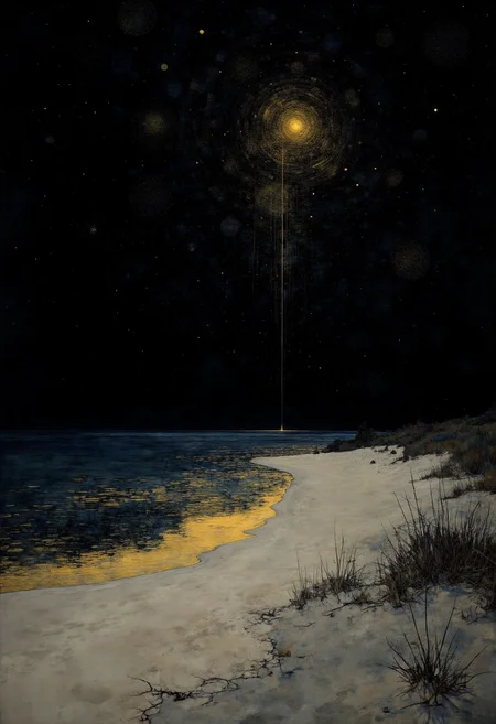 Wander into a desolate stretch of sand where the dark expanse of night meets the cosmic ocean beyond, illuminated only by fleeting flashes of ominous light dancing upon the water's surface. Imagery drenched in primary shades of black, white, and yellow paints a chilling tableau of minimalistic beauty and overwhelming awe. Impressionistic strokes capture the very essence of uncertainty, juxtaposing the serene tranquility of the coast with an ethereal dread that permeates the air. Within this eerie composition, darkness consumes every inch save for celestial bursts of illumination - ethereal beacons providing just enough light to glimpse the horrors lurking beyond our comprehension. This impressionistic and minimalistic coast becomes a haunting masterpiece, as Flux weaves a tapestry of disquieting wonder that defies all logic and pulls you inexorably into its terrifying embrace. ,<lora:flux/fav/Digital painting V1.safetensors:1.0:1.0>