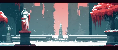 NH2D, pixel style,a Bloody Red Garden with a dilapidated statue standing  ,snow,winter,<lora:2dmap:0.6>