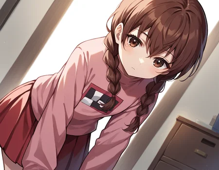 score_9, score_8_up, score_7_up, source_anime,
madotsuki, <lora:madotsuki-ponyxl-lora-nochekaiser:1>,
madotsuki, braid, hair over shoulder, long hair, twin braids, twintails, brown hair, brown eyes,
long sleeves, pink sweater, pleated skirt, red skirt, skirt, sleeves past wrists, sweater,
indoors, bent over,
solo, dutch angle, looking at viewer, cowboy shot,