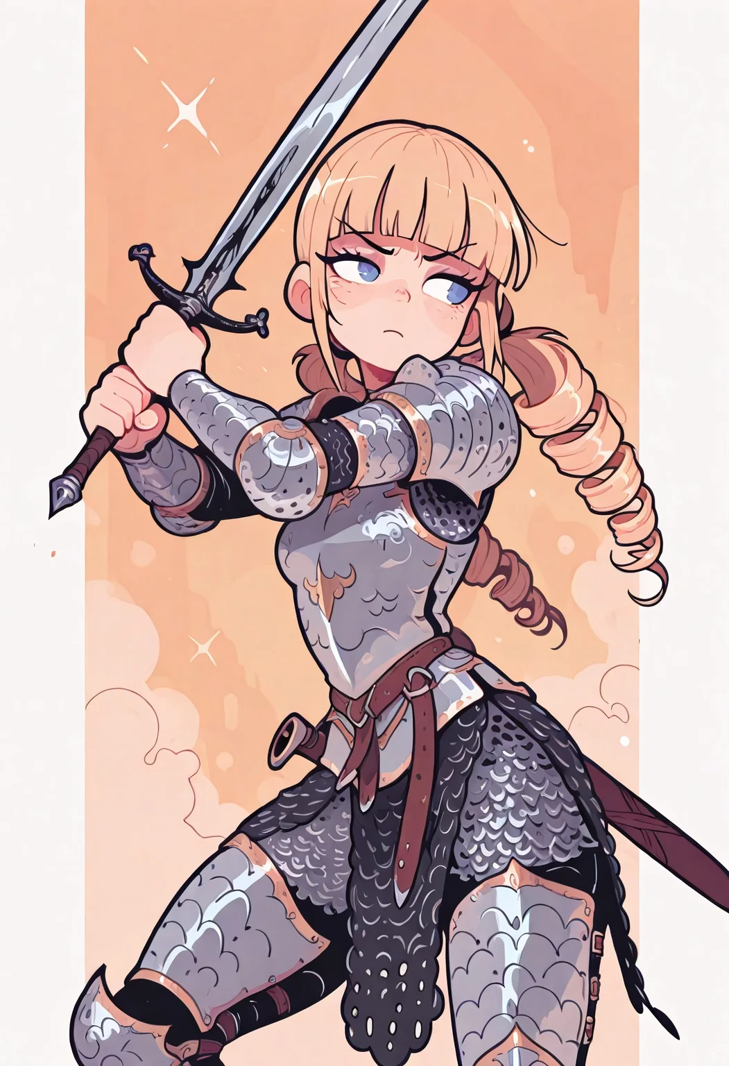 dynamic pose, 1girl,
detailed eyes,
detailed face,
drill twintails, blunt bangs, long hair,
chainmail armor, sword,
masterpiece ,best quality ,amazing quality, Flatline, Flat vector illustration, rapscallionstyle, androjuniarto,