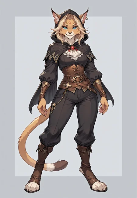Solo, reallynxgirl_style, (zPDXL2), (PonyXLV6_Scores), Expressiveh, full body portrait, BREAK
lhata4564, d3t41l3d,
Furry, cat, 1woman, adult, female focus, solo, Fantasy aesthetics, hooded thief, looking at viewer, ((shadowverse style))