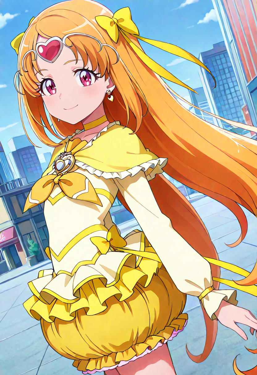 masterpiece, best quality, absurdres, very aesthetic, general,
cure muse \(yellow\), 1girl, solo, yellow bow, yellow choker, orange hair, magical girl, earrings, circlet, yellow skirt, frills, looking at viewer, hair bow, brooch, pink eyes, hair ribbon, eyelashes, bubble skirt, purple eyes, closed mouth, collarbone, heart earrings, yellow neckwear, yellow dress, smile, very long hair, from side, red eyes, capelet, long sleeves, yellow ribbon, standing, dutch angle, hair ornament, cowboy shot, eyebrows visible through hair, brown hair, anime coloring, shiny hair, city, frilled skirt, layered skirt, upper body, day, thighs, 
<lora:cure_muse_shirabe_ako_illustXL_locon_v1:0.7>