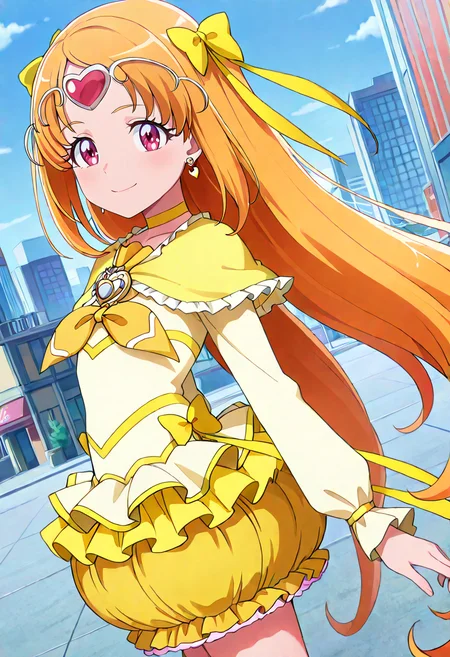masterpiece, best quality, absurdres, very aesthetic, general,
cure muse \(yellow\), 1girl, solo, yellow bow, yellow choker, orange hair, magical girl, earrings, circlet, yellow skirt, frills, looking at viewer, hair bow, brooch, pink eyes, hair ribbon, eyelashes, bubble skirt, purple eyes, closed mouth, collarbone, heart earrings, yellow neckwear, yellow dress, smile, very long hair, from side, red eyes, capelet, long sleeves, yellow ribbon, standing, dutch angle, hair ornament, cowboy shot, eyebrows visible through hair, brown hair, anime coloring, shiny hair, city, frilled skirt, layered skirt, upper body, day, thighs,
<lora:cure_muse_shirabe_ako_illustXL_locon_v1:0.7>