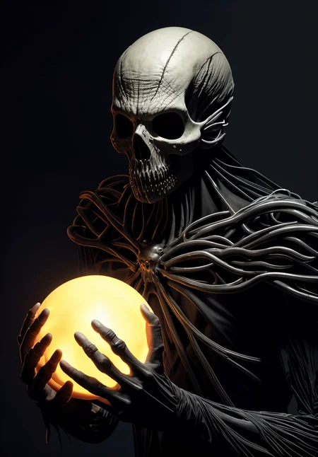 an image of a scary creature in the dark, hands holding big glowing orbs, undead cyborg head, ectoplasm, suffer, banshee, head of the man is a skull, releasing pain, embrace <lora:MoosMST4:1>