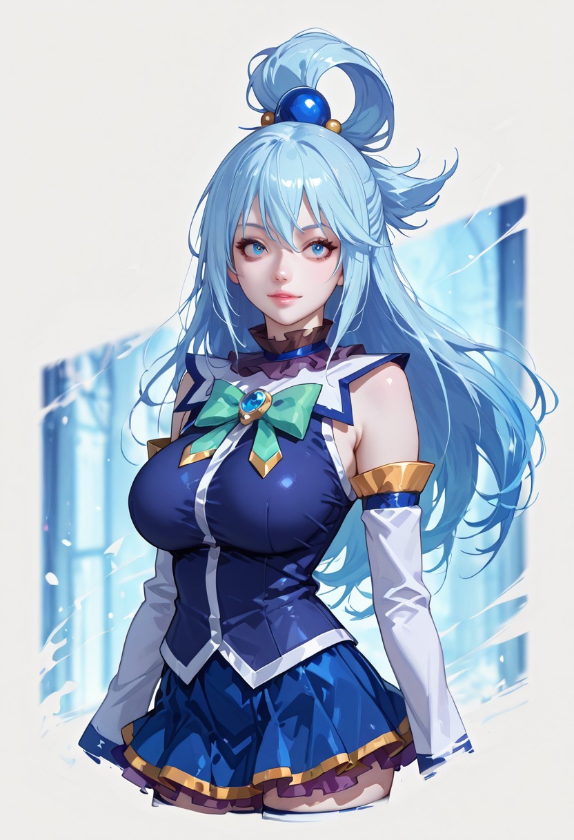 very detailed, flat color, no lineart, Vibrant Contrast, gradient colors, particle effect, (fine fabric emphasis:1.2), (((masterpiece, amazing quality, best quality, ultra-detailed, 8K, illustration, amazing quality, newest, absurdres, realistic))), highres, very aesthetic, absurd res, hi res, very awa, dynamic angle, refined, volumetric lighting, cinematic lighting, blurry background, close up vivid colors, ((source_realistic:1.6)), hyper detailed, (dynamic pose:1.4), depth of field, photorealistic colors,  

1girl, Aqua(/Konosuba)/,(ultra HD quality details), pale skin, blue eyes, blue hair, long hair, hair ornament, hair rings, single hair ring
blue footwear, blue thighhighs, boots, detached sleeves, thigh boots, thighhighs, white thighhighs, thighhighs, bare shoulders, blue skirt, blue shirt, green bow,
full body, perfect anatomy, perfect face, butt showing esthetically, abstract beauty, beautiful, centered, looking at the camera, approaching perfection, dynamic, moonlight, highly detailed, watercolor painting, artstation, concept art, smooth, sharp focus, illustration, 
(upper body:1.2), (close up:1.5), portrait, huge breasts, deep cleavage,
