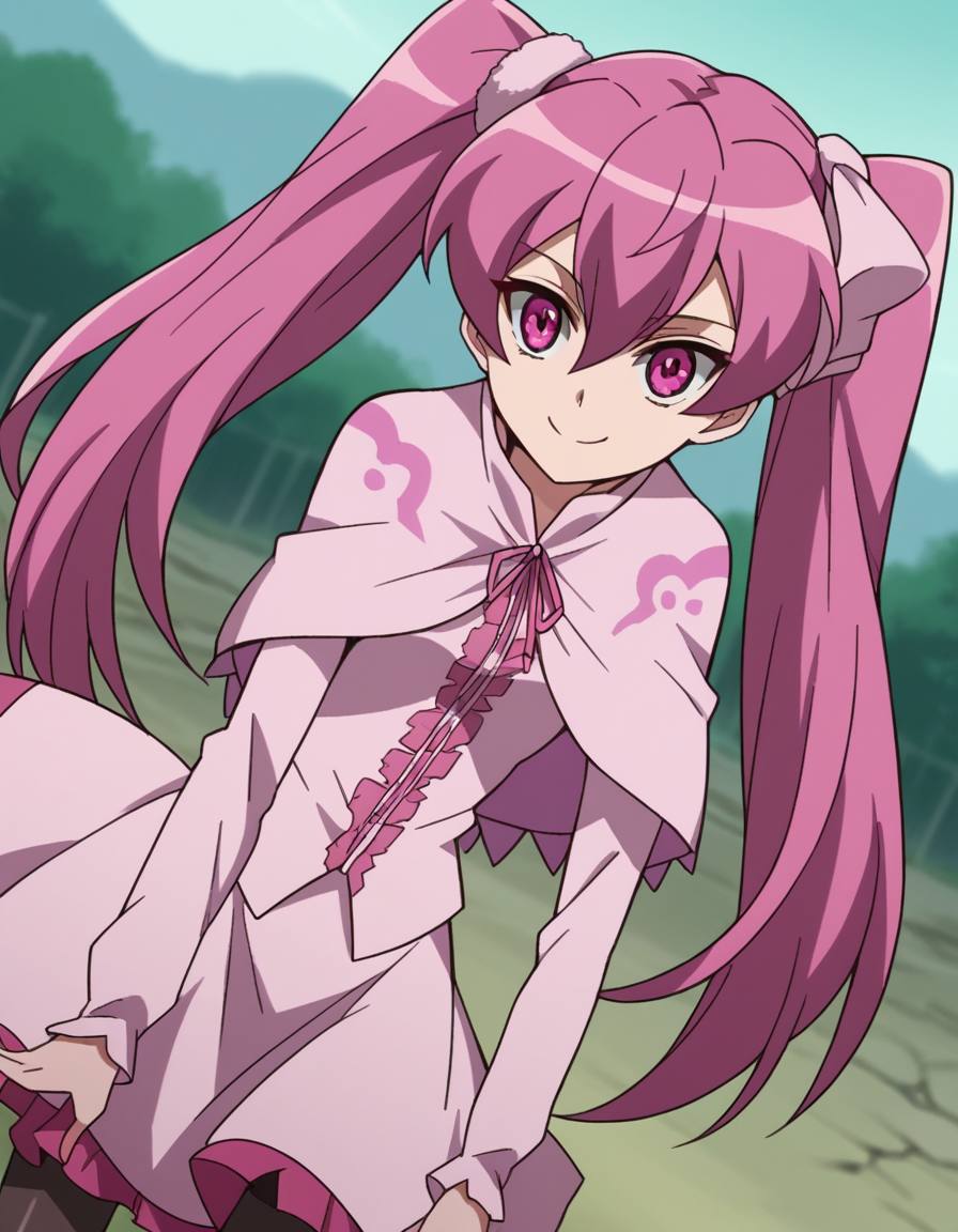 score_9, score_8_up, score_7_up, source_anime,
agkmine, <lora:agk-mine-s1-ponyxl-lora-nochekaiser:1>,
mine, long hair, twintails, pink hair, pink eyes,
dress, pantyhose, pink dress, capelet, pink capelet, pink skirt, skirt, long sleeves,
wasteland, bent over, smile,
cowboy shot, solo, dutch angle, looking at viewer,