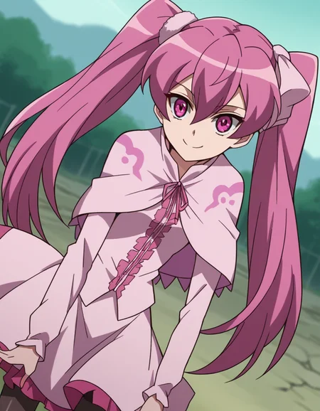 score_9, score_8_up, score_7_up, source_anime,
agkmine, <lora:agk-mine-s1-ponyxl-lora-nochekaiser:1>,
mine, long hair, twintails, pink hair, pink eyes,
dress, pantyhose, pink dress, capelet, pink capelet, pink skirt, skirt, long sleeves,
wasteland, bent over, smile,
cowboy shot, solo, dutch angle, looking at viewer,