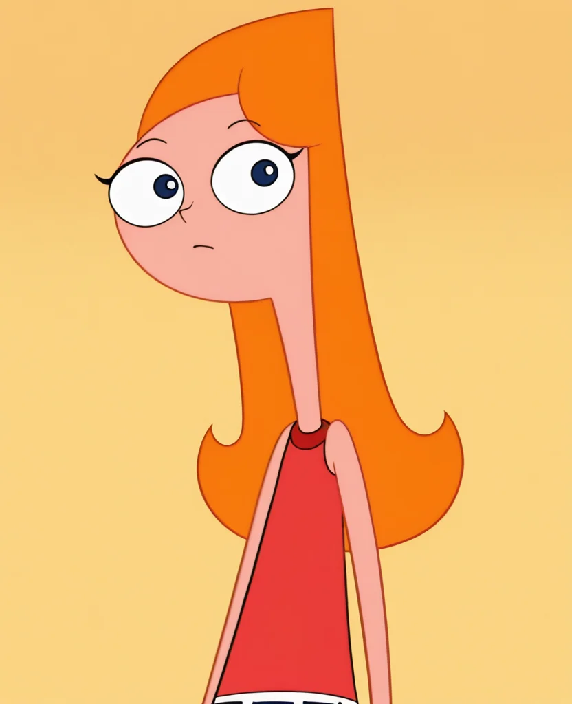 absurdres, highres, <lora:Candace_PF_ILLUS-000008:1> , cd1, official style, official art, 1girl, orange hair, long hair, blue eyes, red shirt, sleeveless, looking at viewer,