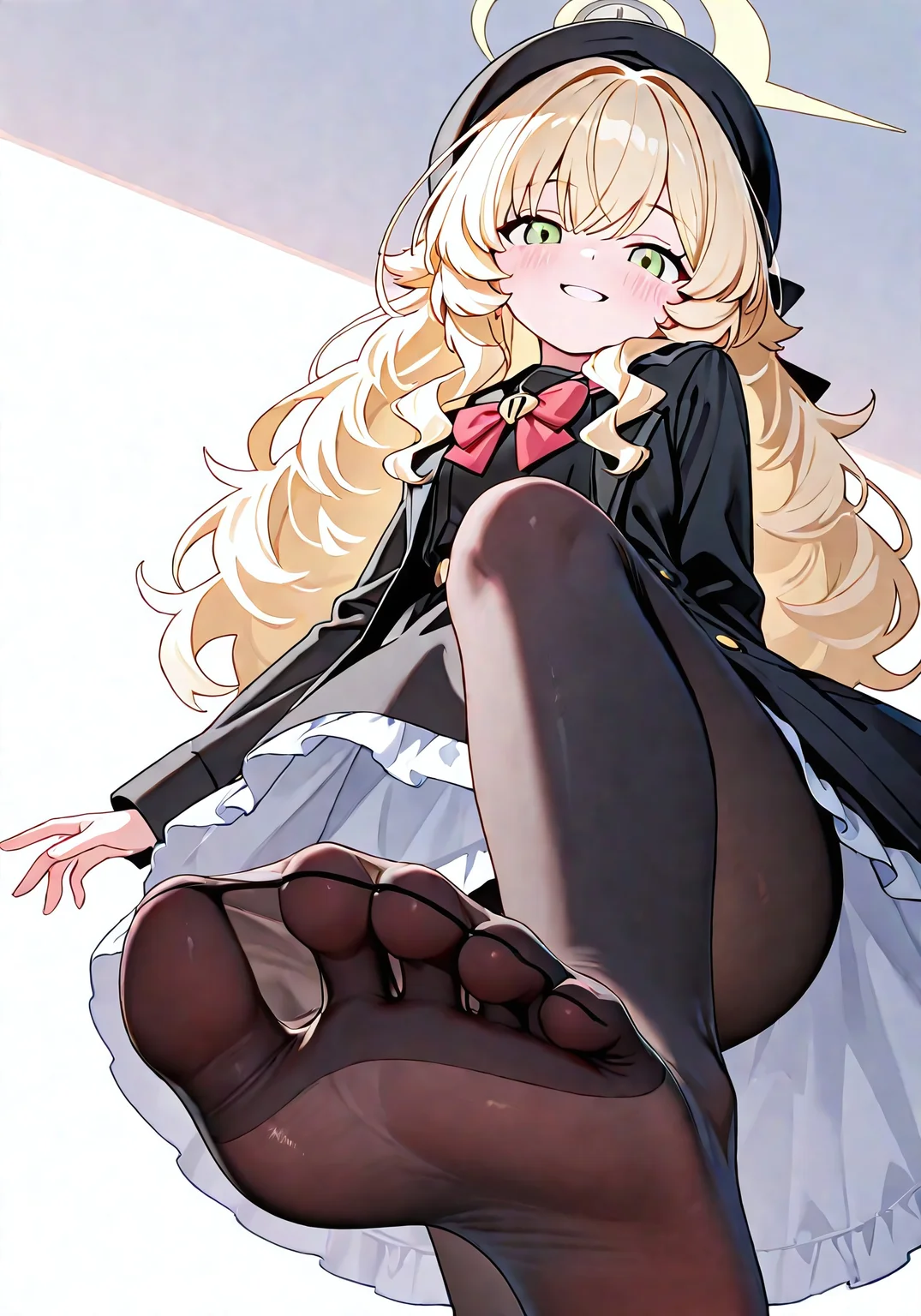(best quality,8K, masterpiece：1.3),anime,very aesthetic, absurdres，featured ，finely detail，((extremely detailed,8k wallpaper)),illustration,Amazing,highres,intricate detail,female focus, (beautiful detailed girl)，dynamic pose, delicate facial features, soft lighting, clean lineart, anime style,

white background,simple background,look at viewer,ahoge,foot worship,from below,foot focus,spread toes,soles,seductive smile,dynamic pose, foreshortening, extreme perspective,arrogant,

1girl,(solo),professor niyaniya (blue archive)，(black dress,beret,double-parted bangs,long sleeves,red bow,sidelocks,black pantyhose,emerald green eyes,blonde hair,yellow halo:1.3)