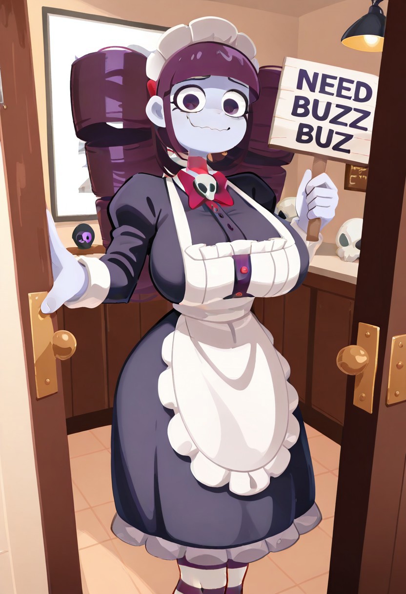 Dutch angle, 1girl, Lillith \(wheatly101)\, tall girl, fit, large cylindrical twin-drill pigtails shaped like barrels, straight-cut blunt bangs, dark brown hair, purple hair bowtie behind head, pale purple-gray skin, colored skin, long hair, wavy mouth, (((holding sign, "NEED BUZZ")))
striped stockings, skull brooch, red bowtie, maid outfit, victorian dress, white apron, frilled skirt, dark purple dressstriped stockings, skull brooch, red neck bowtie, purple hair bowtie, maid outfit, victorian dress, white apron, frilled skirt, dark purple dress
No lineart, no_outlines,
mature woman, mature girl, tall girl, 
((8k, Ultra HD)), (foreshortening:2), depth of field, ((Detailed background :1.5)), ((Masterpiece)), ((Best quality)), ((Detailed)), amazing quality, very awa, highres, absurdres, contrapposto