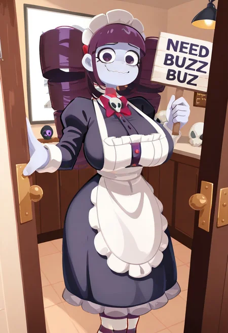 Dutch angle, 1girl, Lillith \(wheatly101)\, tall girl, fit, large cylindrical twin-drill pigtails shaped like barrels, straight-cut blunt bangs, dark brown hair, purple hair bowtie behind head, pale purple-gray skin, colored skin, long hair, wavy mouth, (((holding sign, "NEED BUZZ")))
striped stockings, skull brooch, red bowtie, maid outfit, victorian dress, white apron, frilled skirt, dark purple dressstriped stockings, skull brooch, red neck bowtie, purple hair bowtie, maid outfit, victorian dress, white apron, frilled skirt, dark purple dress
No lineart, no_outlines,
mature woman, mature girl, tall girl,
((8k, Ultra HD)), (foreshortening:2), depth of field, ((Detailed background :1.5)), ((Masterpiece)), ((Best quality)), ((Detailed)), amazing quality, very awa, highres, absurdres, contrapposto