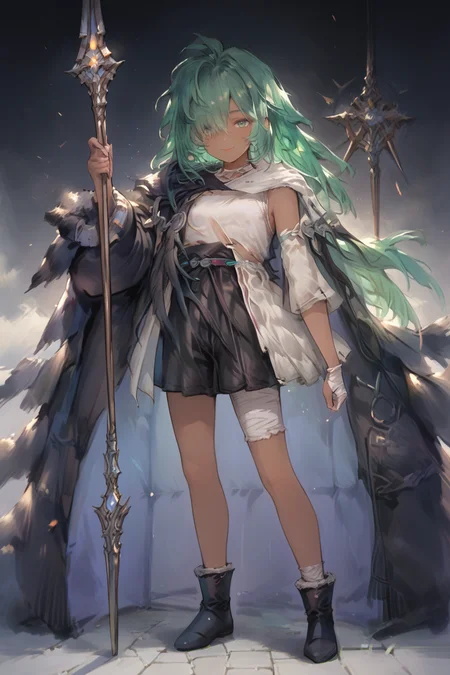 score_9, score_8_up, score_7_up, score_6_up, score_5_up, source anime, flat chest, looking at viewer, solo, <lora:Kolulu_Granblue_Fantasy:0.8> , kolulu \(granblue_fantasy\), koluludef, (dark skin), green hair, green eyes, long hair, bandages, hair over one eye, living room, smile, <lora:hand 4:0.65> , Hand, hands, perfect hands, full body, (holding spear), spear, weapon, <lora:s0mXLP:0.8> , s0m,