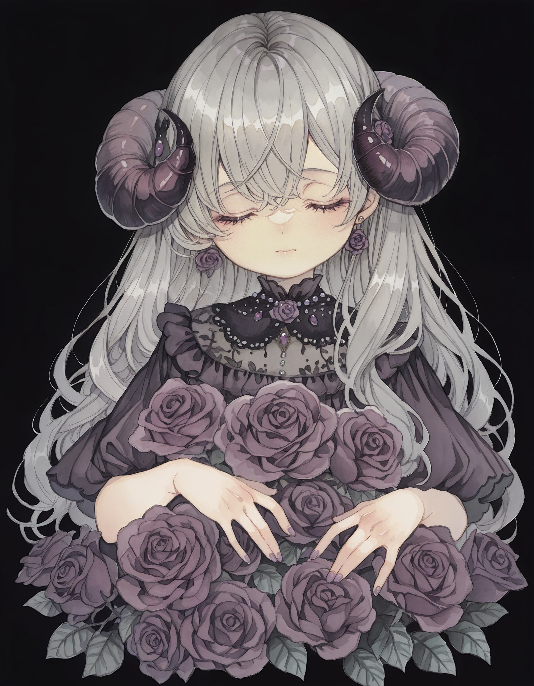 masterpiece,  best quality, newest, highres, absurdres,   <lora:rusetsuksr_style:1>,rusetsuksr_illu, 1girl, flower, solo, closed eyes, purple flower, black background, rose, horns, long hair, purple rose, traditional media, upper body, purple nails, painting (medium), grey hair, jewelry, bangs, simple background, hair ornament, closed mouth