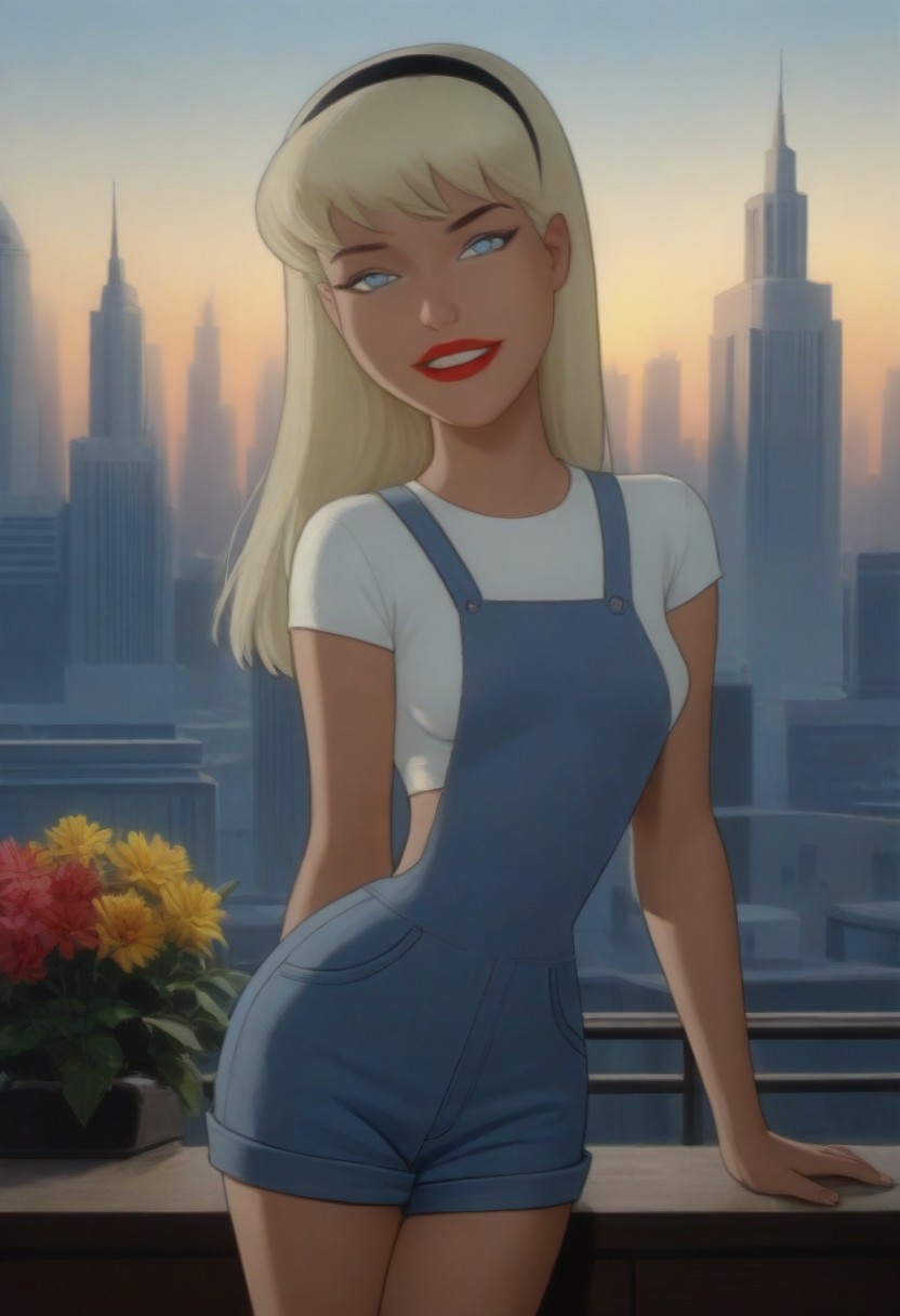 score_10, score_9, upper body, facing viewer, 
(photo of sprgrl), (young:1.5) 1girl, blonde hair, long hair, blue eyes, red lips, hairband, denim overalls, white midriff, 
 (embarrassed look), spread legs, pinup pose, innocent face, parted lips, looking at viewer, worried look,
masterpiece, skyline, cityscape, flowers, shadowed lighting, cinematic lighting, volumetric lighting