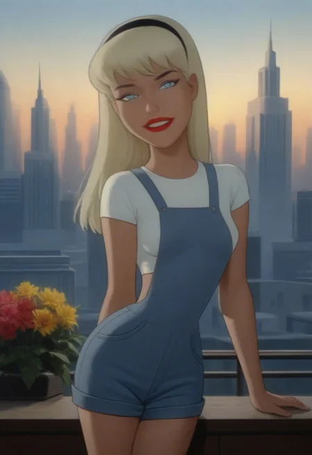 score_10, score_9, upper body, facing viewer,
(photo of sprgrl), (young:1.5) 1girl, blonde hair, long hair, blue eyes, red lips, hairband, denim overalls, white midriff,
(embarrassed look), spread legs, pinup pose, innocent face, parted lips, looking at viewer, worried look,
masterpiece, skyline, cityscape, flowers, shadowed lighting, cinematic lighting, volumetric lighting