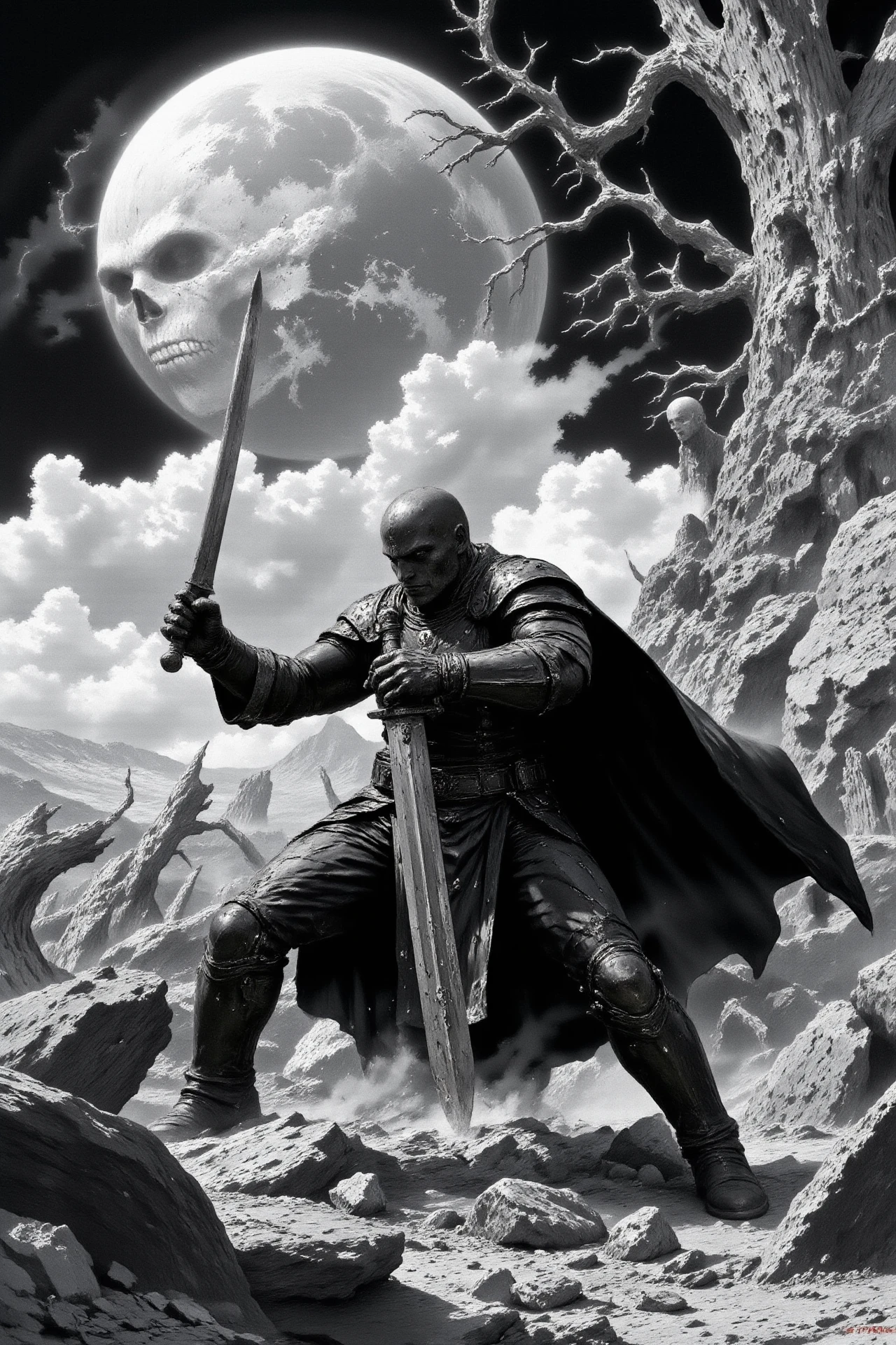 terror horror fantasy landscape, graveyard, comics, very detailed medieval warrior  holding a sword fighting against a group of esquletons, vampires and monsters, (multilayer paint splash style),  <lora:Hand v2:1> <lora:Anti-Blur:1> <lora:Insane Detail Slider:0.5>   <lora:Flux.1_Turbo_Detailer:0.6>   <lora:flux-photo-transparent_Alpha_1.0:0.8> <lora:flux.1_lora_flyway_Epic-detail_v2:1>   <lora:FluxMythP0rtr4itStyle:0.8> mythp0rt <lora:zy_Dark_Fantasy_Flux:0.5> <lora:Wraith_BW_Flux:0.2> B&W