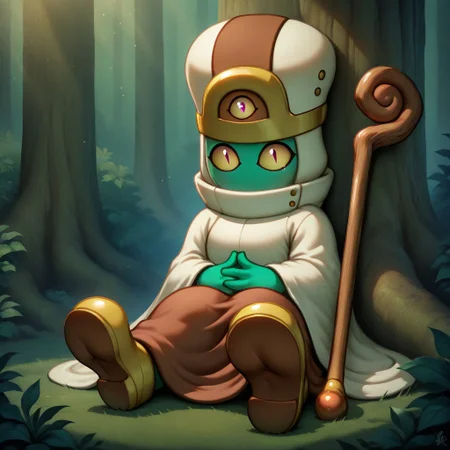 realistic, masterpiece, best quality, newest, absurdres, highres, sanwitch, solo, full body, duel monster, mitre, eye on hat, green skin, colored sclera, slit pupils, cloak, robe, shoes, shortstack, staff, sitting, knees together feet apart, shoe soles, own hands together, looking at viewer, from side, BREAK, tree, forest, sunbeam