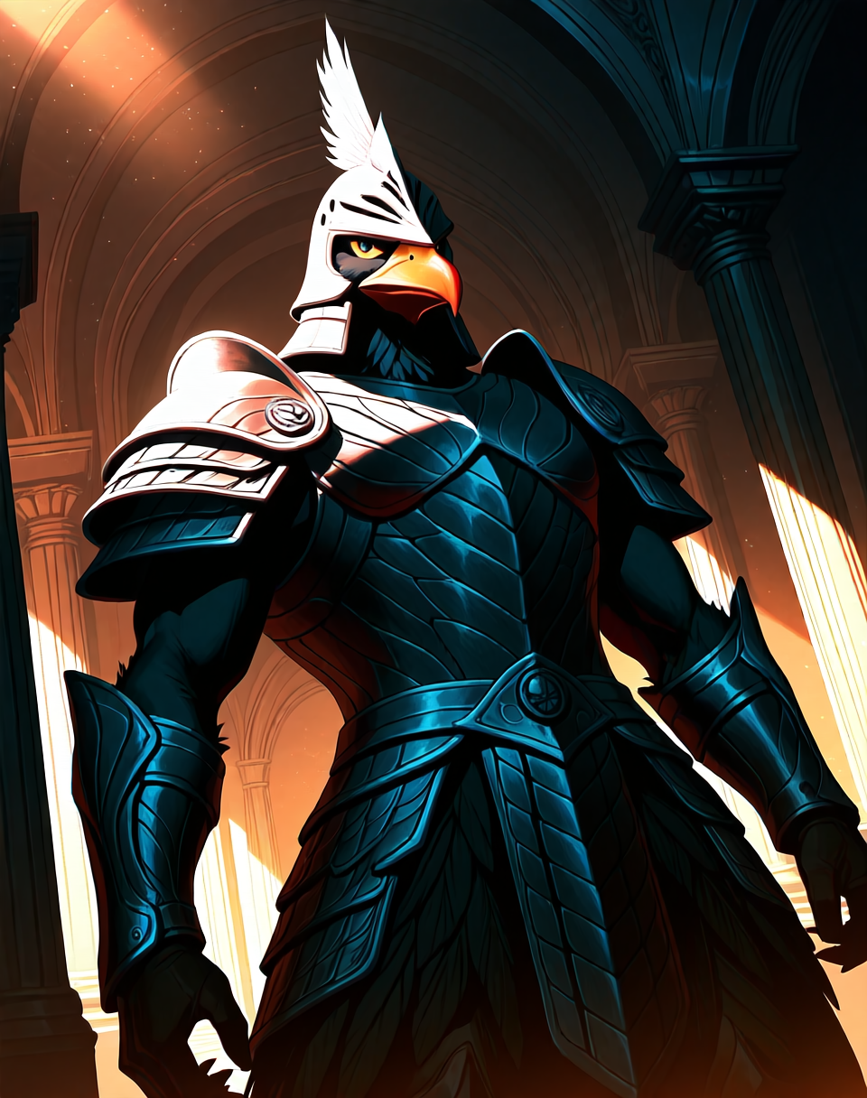 <lora:Fokka_(Zelda_2)_(Illustrious)_(AD):1> Fokka, birdmen, armor, 
dutch angle, dynamic action, cowboy shot, 
male focus, intense shadows, dynamic shadows and lighting, intricate details, attention to details, gradient coloring, interior, palace, beak, helmet, villain, intimidating pose, 
EZRealPONYXL, zPDXL, Smooth Quality, lazynsfw,
