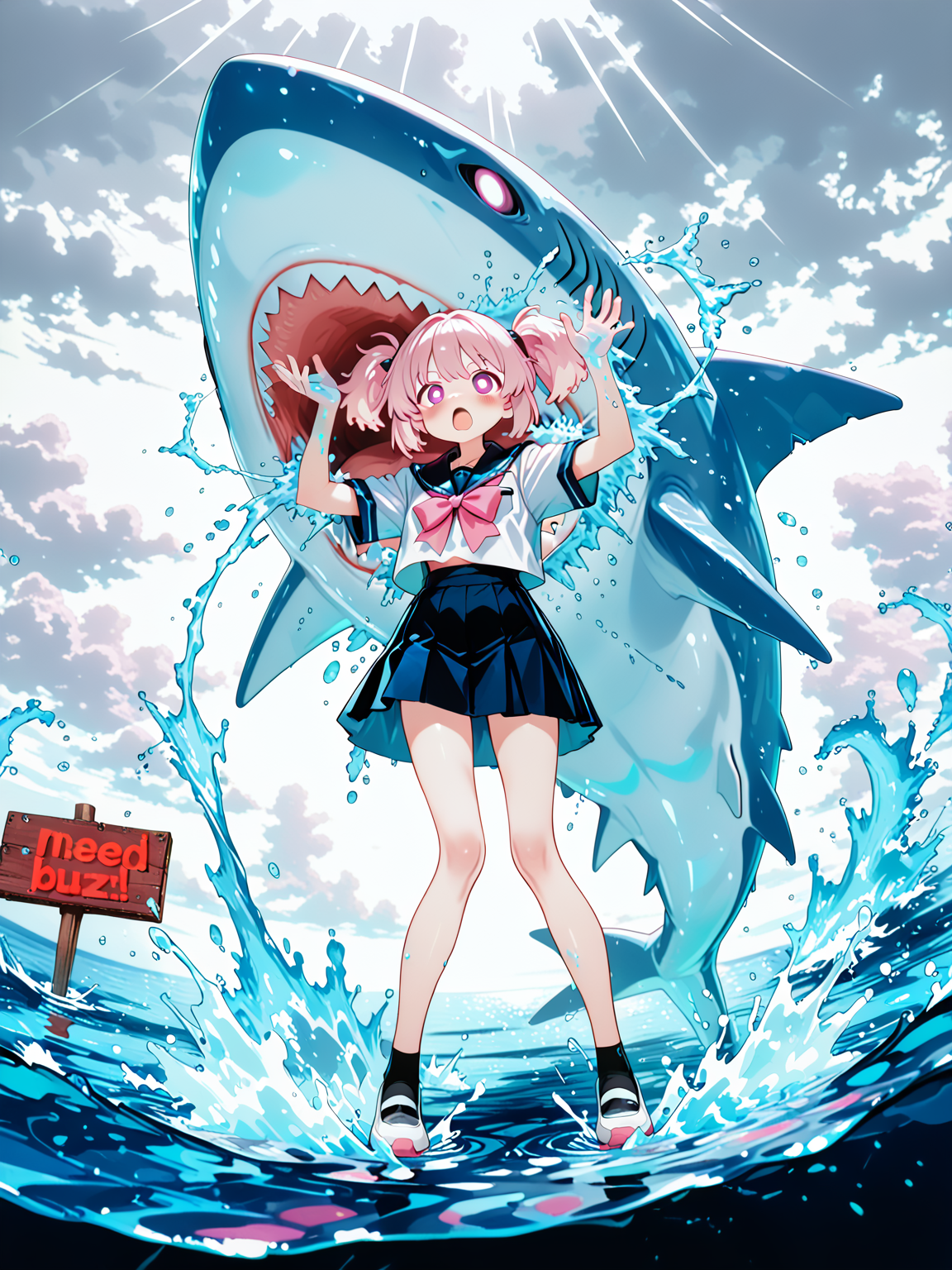 professional absurdres FA style micro detailed digital illustration uhd 8k wallpaper, gigantic sign, 1girl, solo, gigantic face, face only, white light pink short hair big twintails, school uniform, long legs, cute face, big violet eyes, white bright pupils, mouth open, panic, blush, sea, water splash, white sky, grey clouds, white dim light, blue filter, transparent fog, blur, cute futuristic gigantic shark on water, blue metallic color, perfect skin, sunray from sky, need_buzz, gigantic wooden sign on hand, gigantic neptunus background, decoration skirt, skirt top of clothes,
