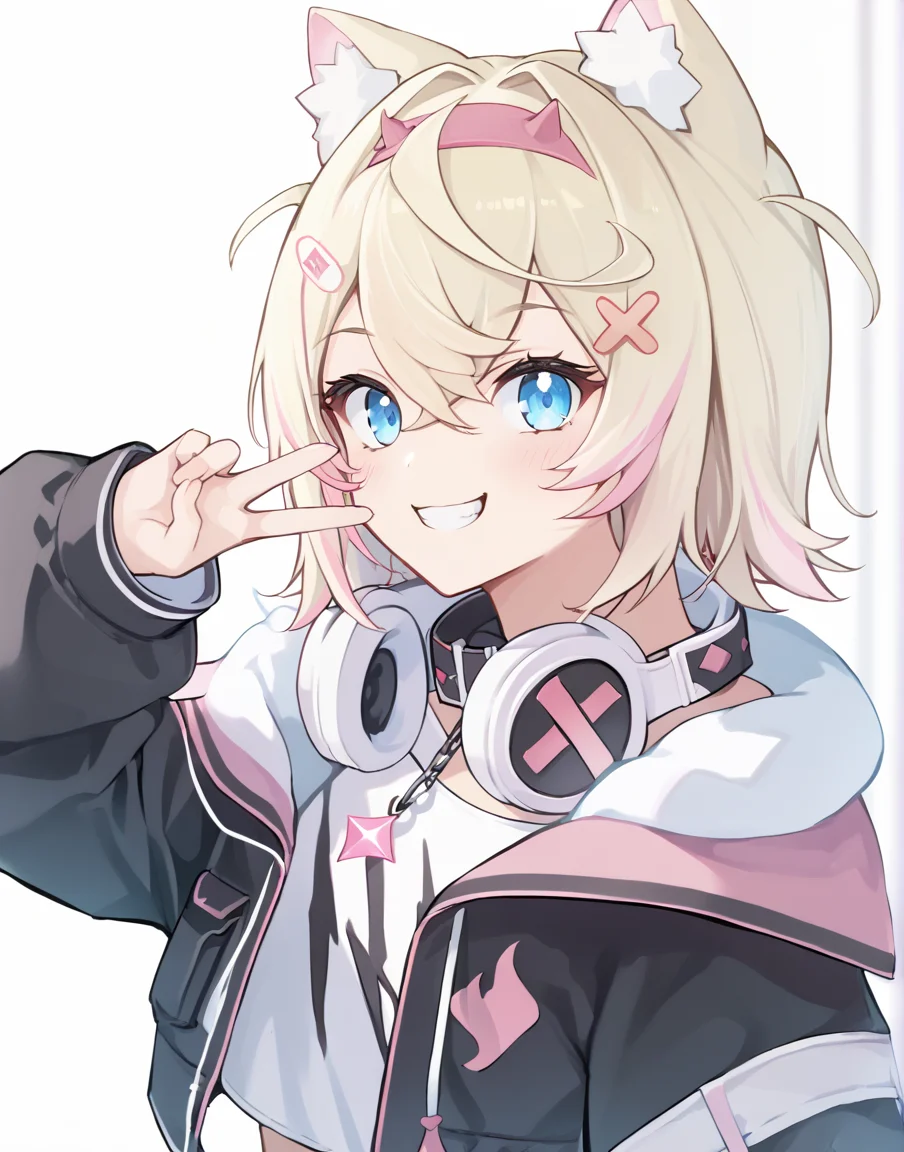 score_9, score_8_up, score_7_up, score_6_up, score_5_up, score_4_up, source_anime, BREAK, mococo abyssgard, 1girl, :3, animal ears, bandaid hair ornament, black collar, black jacket, blonde hair, blue eyes, v, fur trim, headphones around neck, looking at viewer, multicolored hair, pink hair, pink hairband, smile, white shirt, x hair ornament, cropped shirt, cropped jacket, portrait, from side,<lora:mococoPony:1>