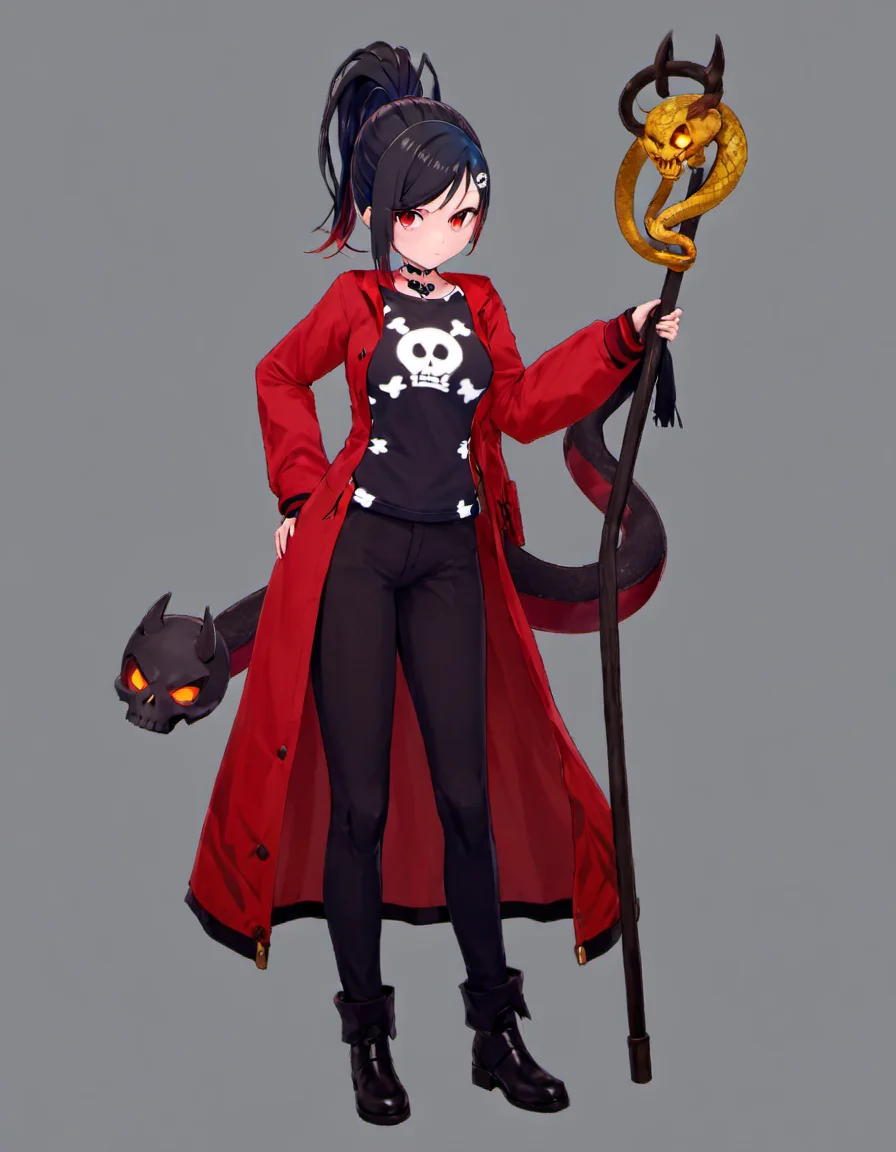 <lora:EnvyMonsterGirlXL01c:1> temporal gargoyle, anime style, cg render, red skin, demon horns, black tattoos, <lora:Rin_Rokuhara:.7>, Rin, 1girl, skull hair ornament, solo, full body, standing, holding a staff with a yellow snake eye on top, looking at viewer, ponytail, simple background, grey background, jewelry, red jacket, skull earrings, shirt, long hair, bangs, black shirt, print shirt long sleeves, holding a giant scroll in her arm, glowing eyes,