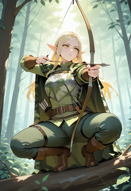1girl. elf, pointed ears. Fair facial features. Light blonde hair. Striking eyes. yellow iris. crouching on tree branch. drawing bow (weapon). Metal breastplate with leaf motif. Metal bracers with leaf motif. Forest camouflage cloak. Belt. Boots. shirt and pants. sheathed dagger. arrow quiver. Elven bow. Road in forest. forest canopy lighting.