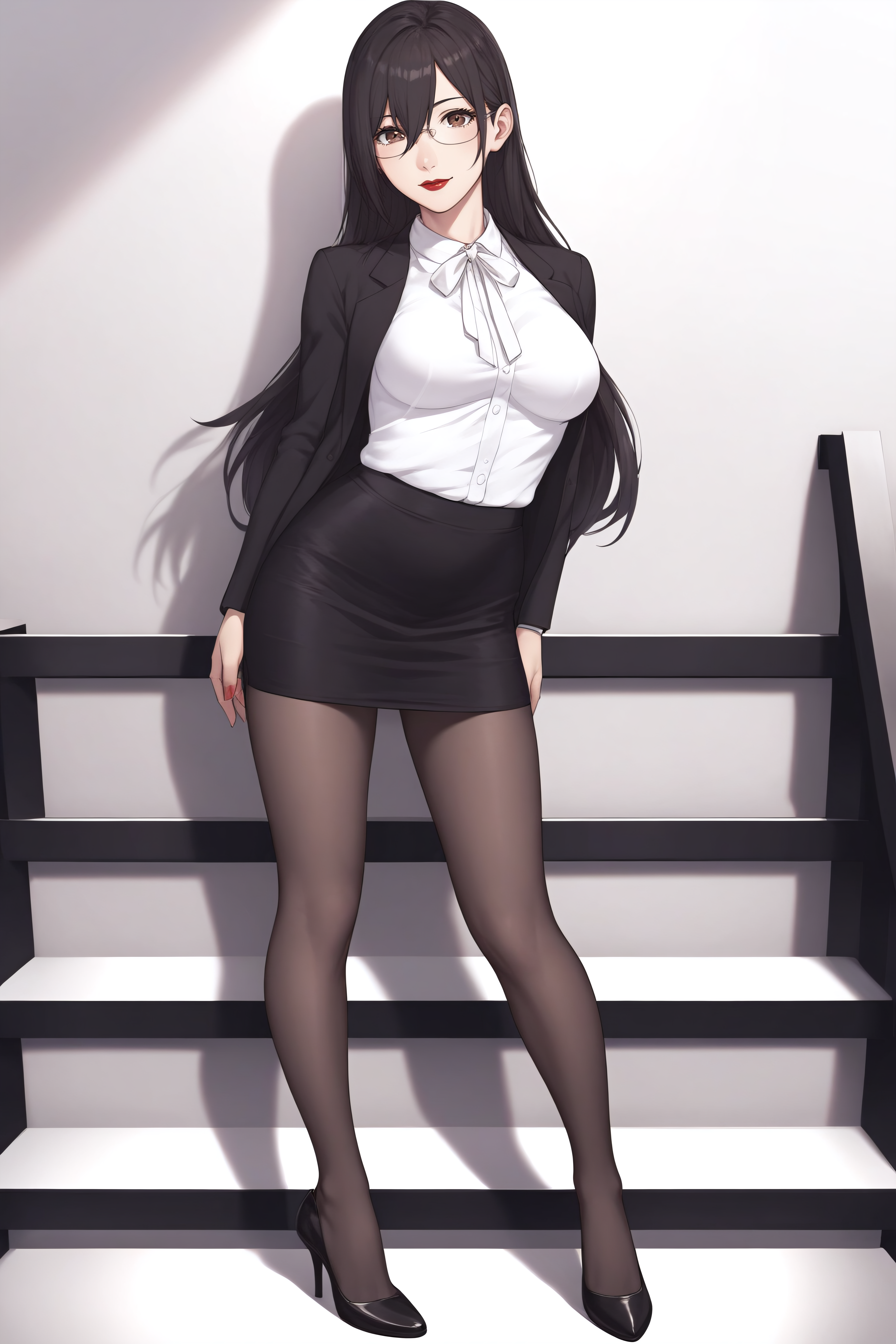 score_9, score_8_up, score_7_up, BREAK source_anime, <lora:Mayuri Hanyuu-PonyXL-lora-Faxtron:0.8> mayuri hanyuu, brown eyes, black hair, long hair, medium breasts, red lips, glasses, white shirt, white neck ribbon, pencil skirt, black pantyhose, high heels, standing,