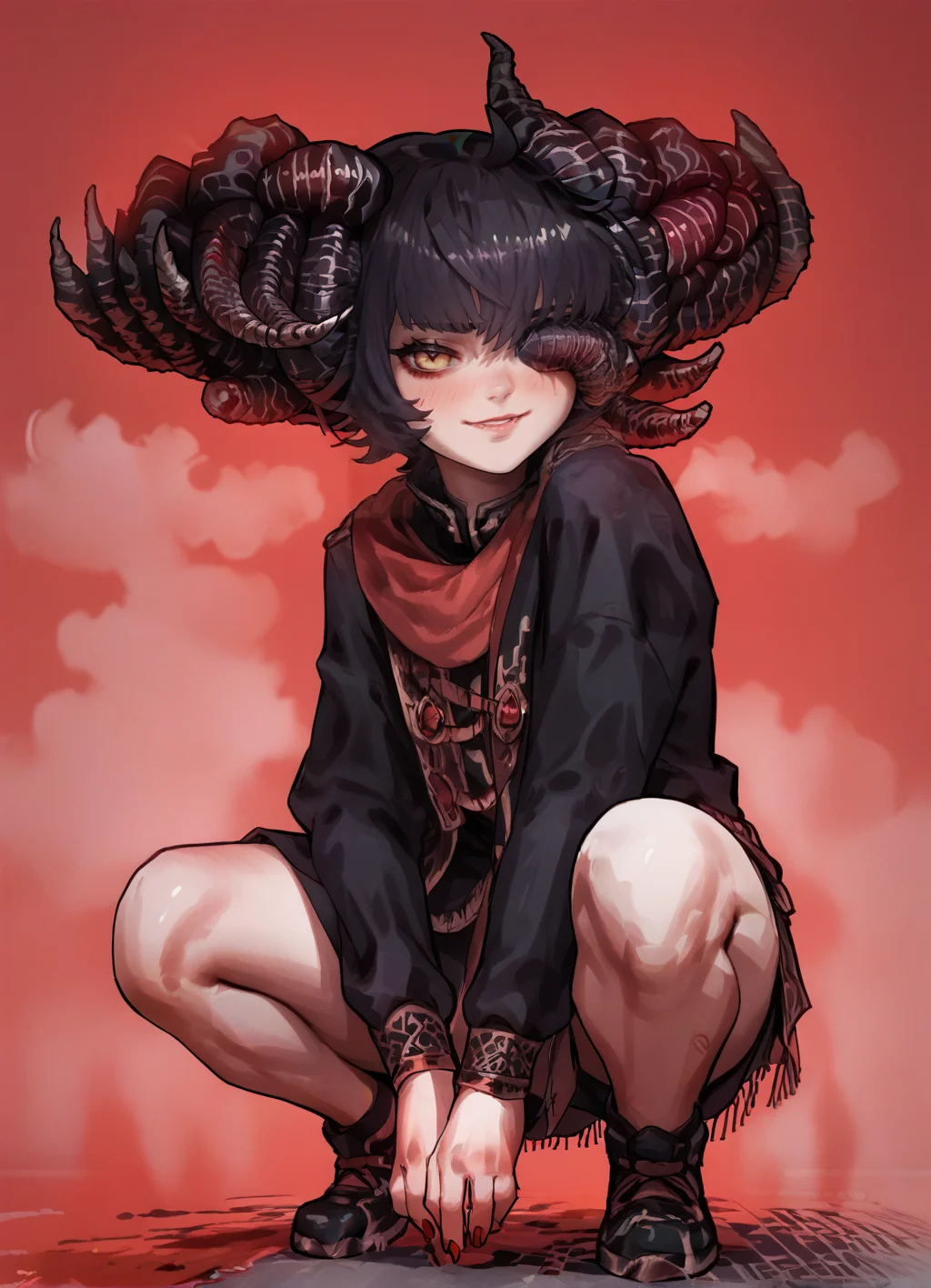 Action Figure of score_9, score_8_up, score_7_up, source_anime, sketch,score_6,monochrome, glitch, squatting,blush, lights,blurred background, mohg lord of blood, (fog:1.2),blood,red background, solo,horns, <lora:Mohg_Lord_of_Blood:1>